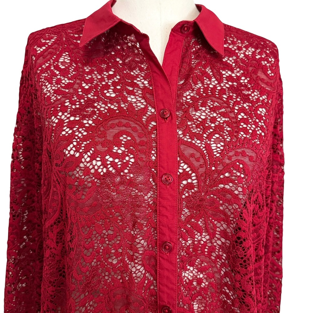 Chicos Red Floral Lace Button Down Shirt Long Sleeve Size 3 XL